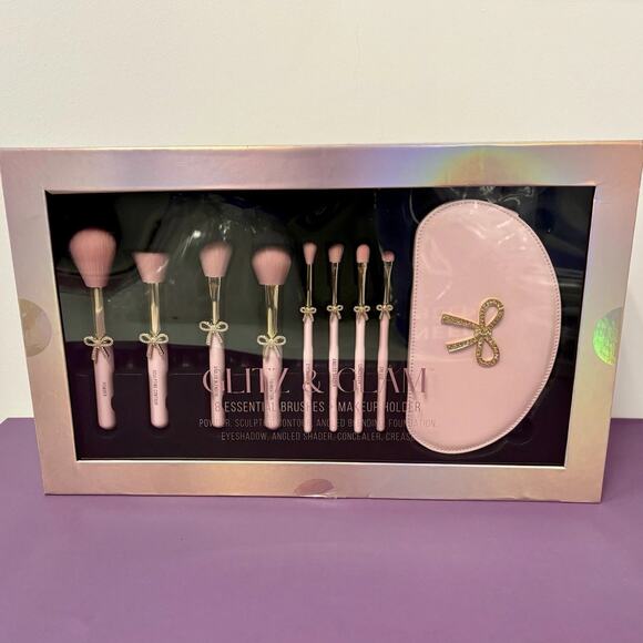 Glitz And Glam - Pink Bow Makeup Holder 8 Piece Essential Brush Set New In Box - Picture 2 of 3